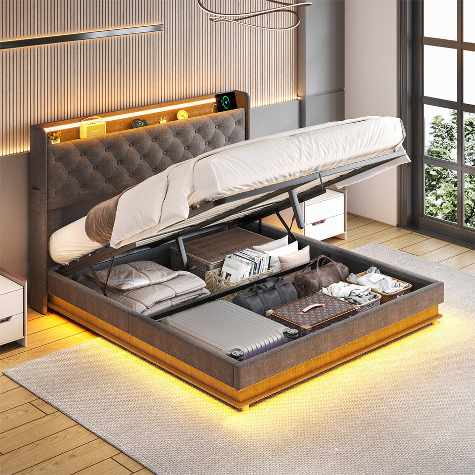 Levede Double Bed Frame Gas Lift LED Light-2006732862769991687