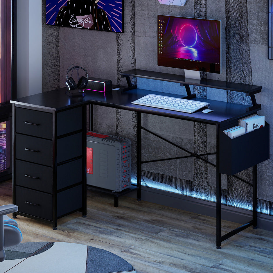 Levede L Shaped Gaming Desk with Storage Drawers Black-2006733412379004935