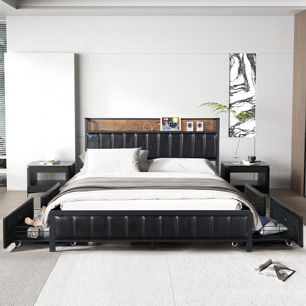 Levede Queen Bed Frame PU 4 Drawer USB Charge-2018816936221216775