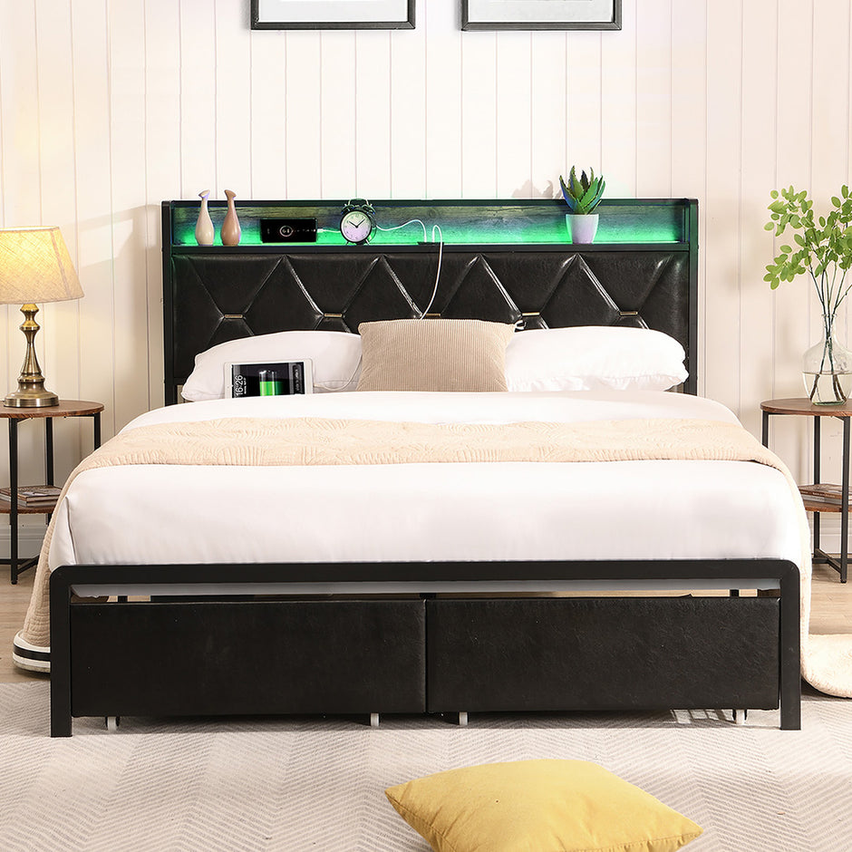 Levede King Bed Frame Leather Headboard RGB 2 Drawers-2006732795694682119