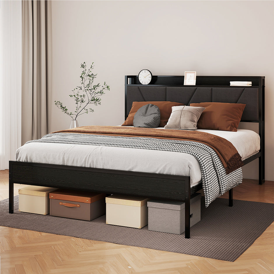 Levede Double Bed Frame Steel Base with Headboard Grey-2006732772936388615
