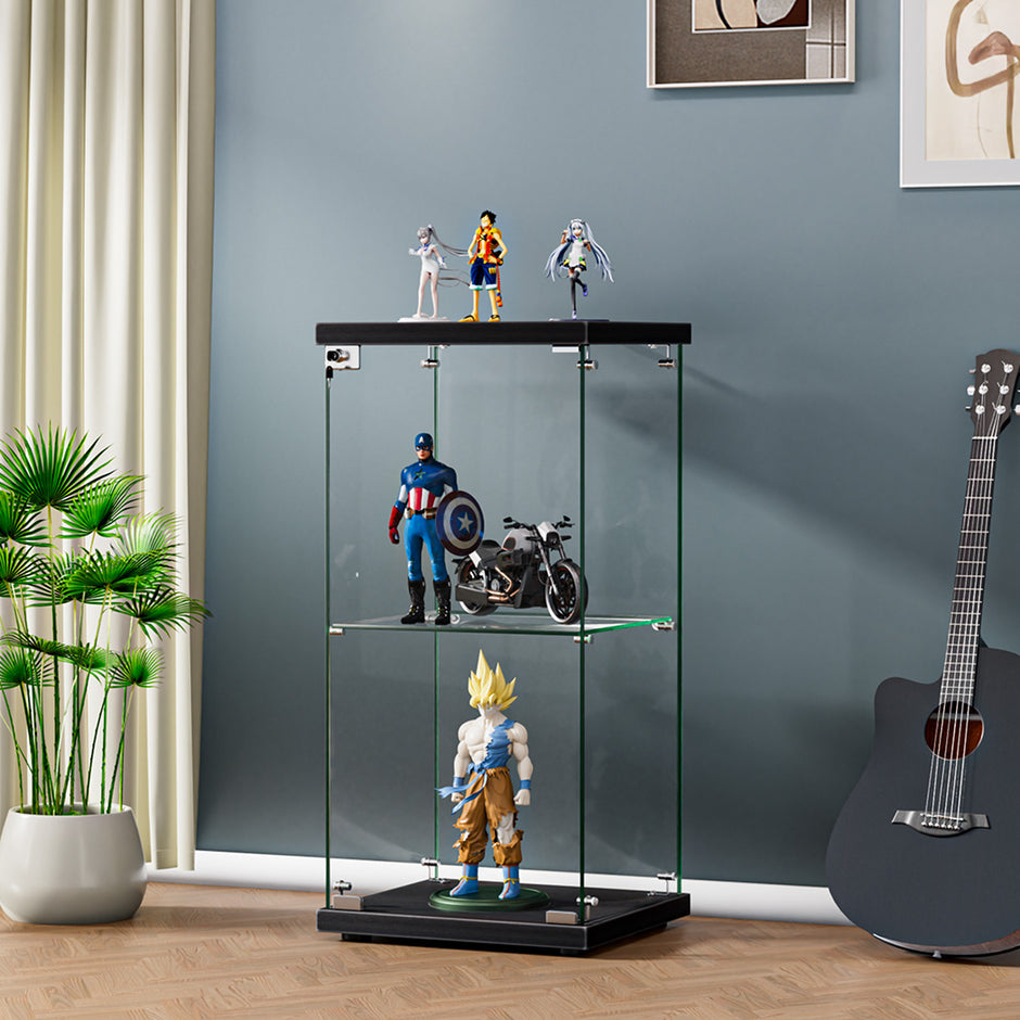 Stacked Display Cabinet Collection Storage Tempered Glass 2 Tier With Lock Black-2018816906798174215
