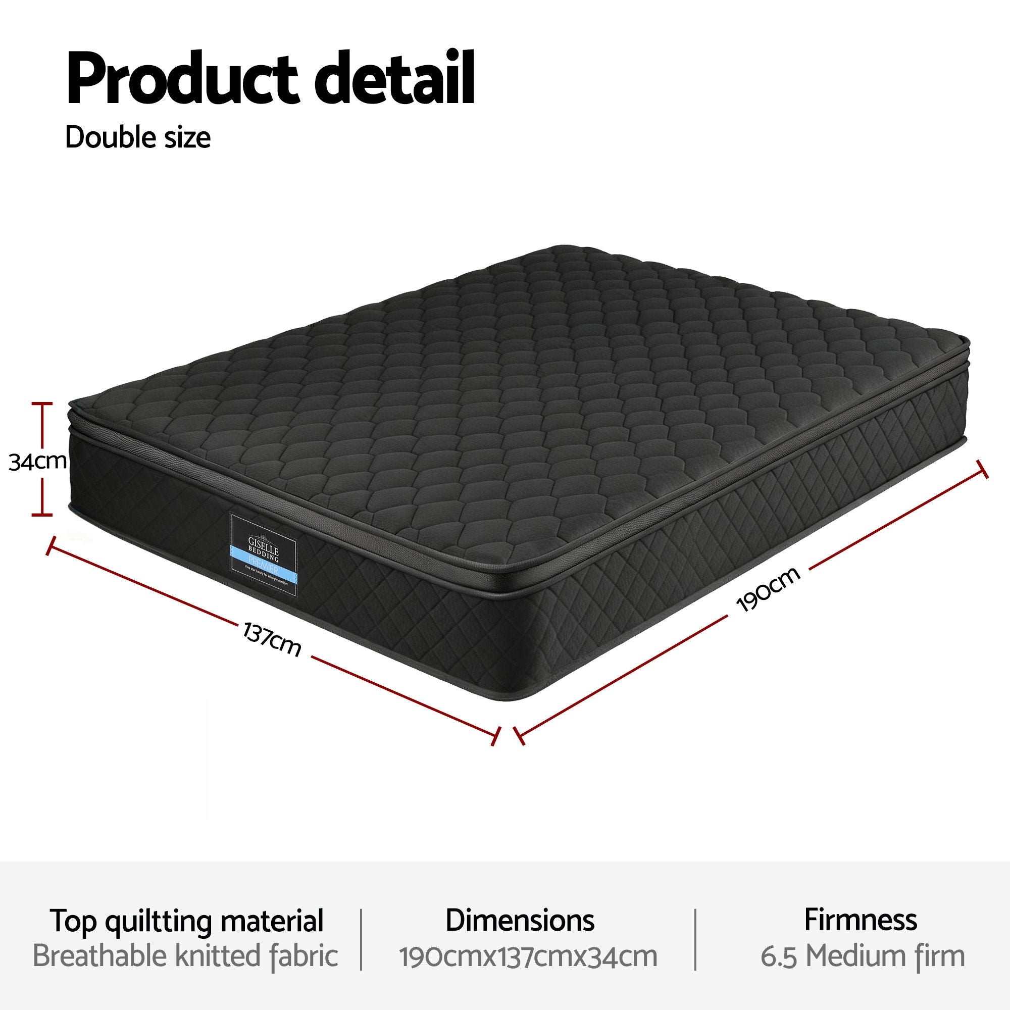 Giselle Bedding Double Mattress 34cm Euro Top with 5-Zone Pocket Spring Support Black