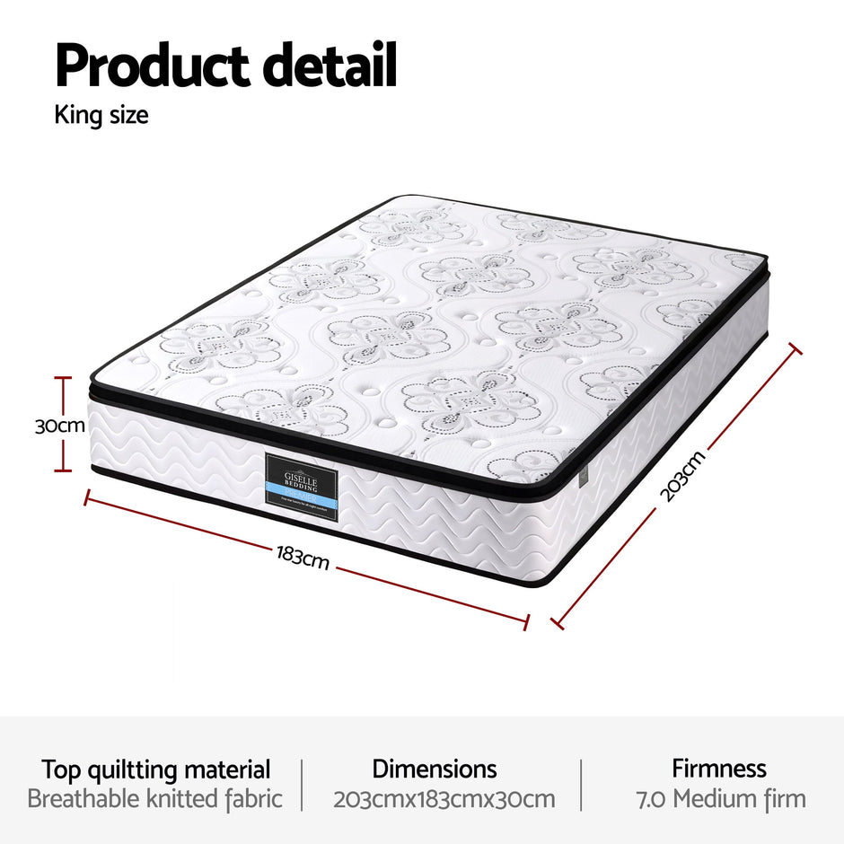 Giselle Bedding King Mattress 30cm Pocket Spring Euro Top Medium Firm Foam