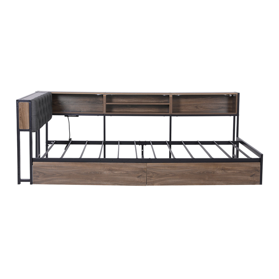 Artiss Bed Frame King Single Size with 2 Drawers and Charging Station Metal Corner Bed Base