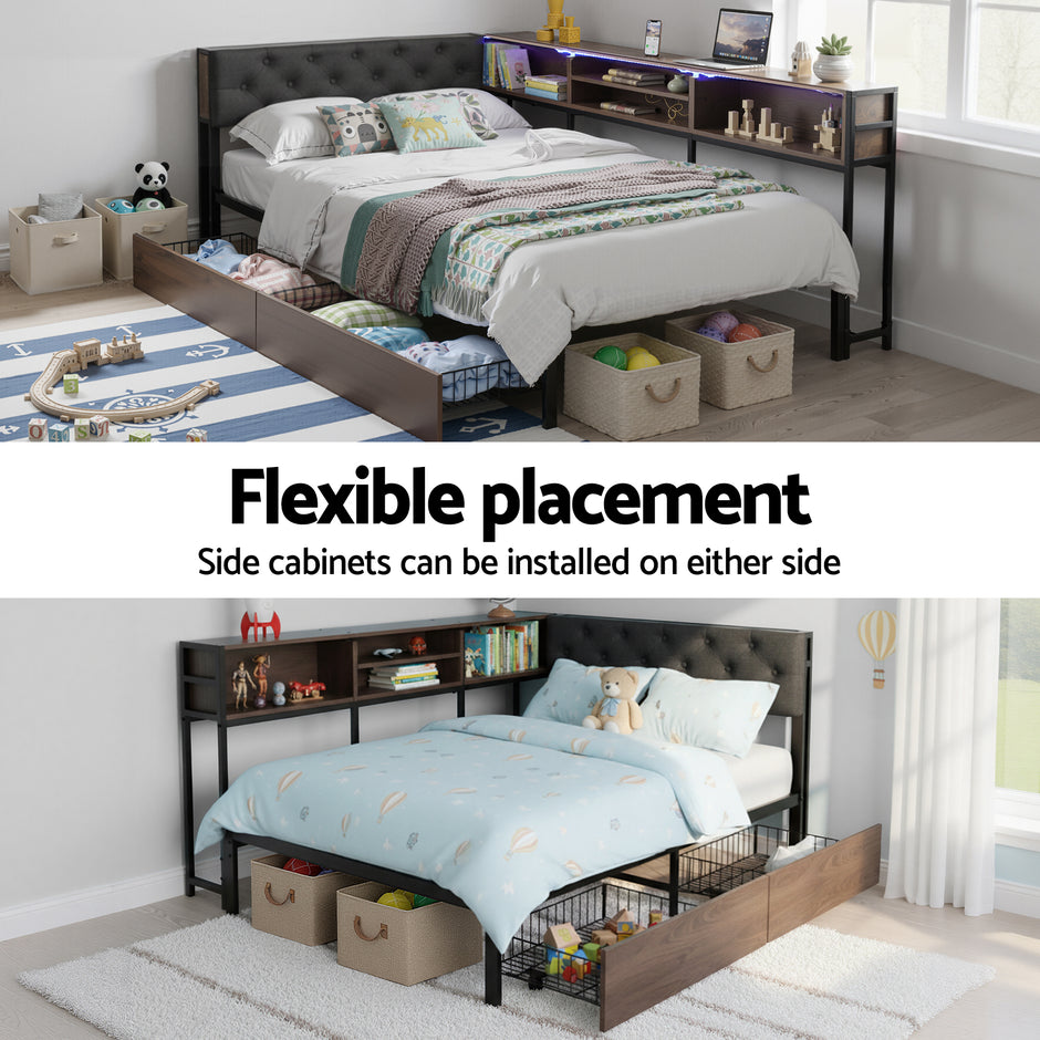 Artiss Bed Frame King Single Size with 2 Drawers and Charging Station Metal Corner Bed Base