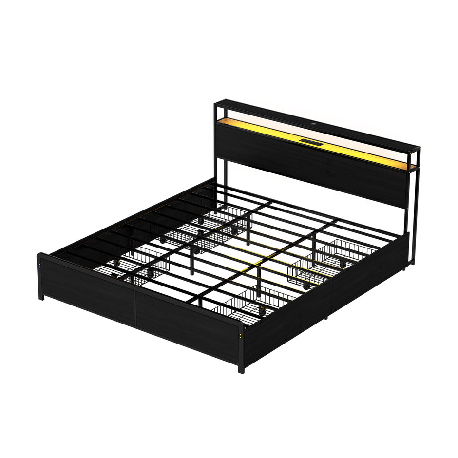 Artiss Metal Bed Frame King Size Storage Headboard Charge Station LED 4 Drawers