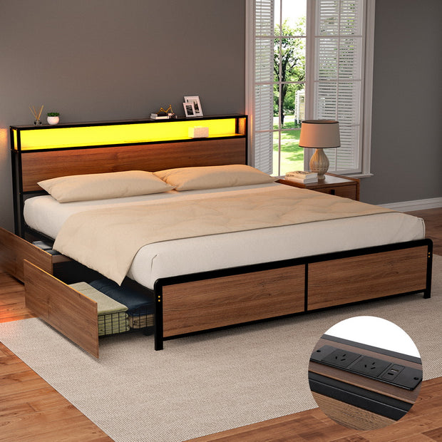 Artiss Metal Bed Frame King Size with 2-Tier Storage Headboard Metal Platform with 4 Storage Drawers Built in Charging Station & LED Noise-Free/Metal Support/No Box Spring Needed Vintage Brown