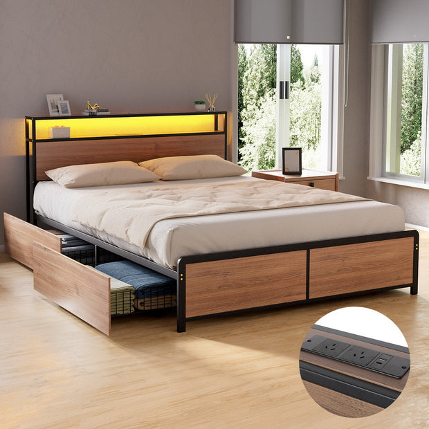Artiss Metal Bed Frame Queen Size with 2-Tier Storage Headboard Metal Platform with 4 Storage Drawers Built in Charging Station & LED Noise-Free/Metal Support/No Box Spring Needed Vintage Brown