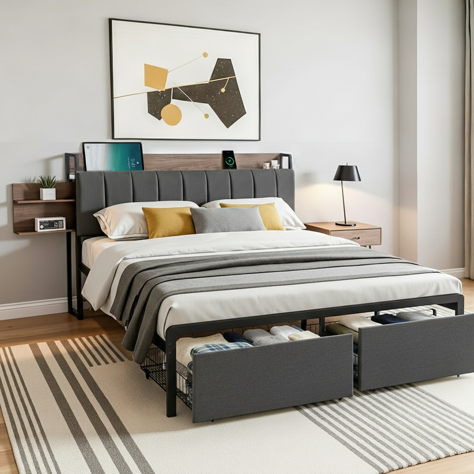 Artiss Metal Bed Frame Queen Size with 2-Tier Hidden Storage with Charging Station