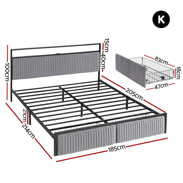 Artiss Metal Bed Frame King Size LED Charging Station 2 Drawers