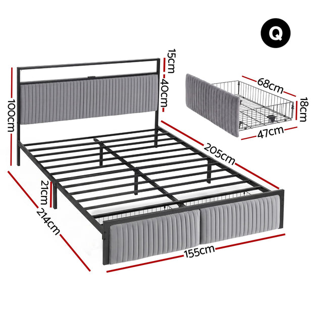 Artiss Metal Bed Frame Queen Size LED Charging Station 2 Drawers