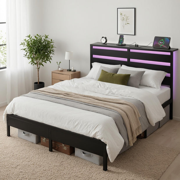 Artiss Bed Frame Double Size LED Metal Bed Base with Charging Station