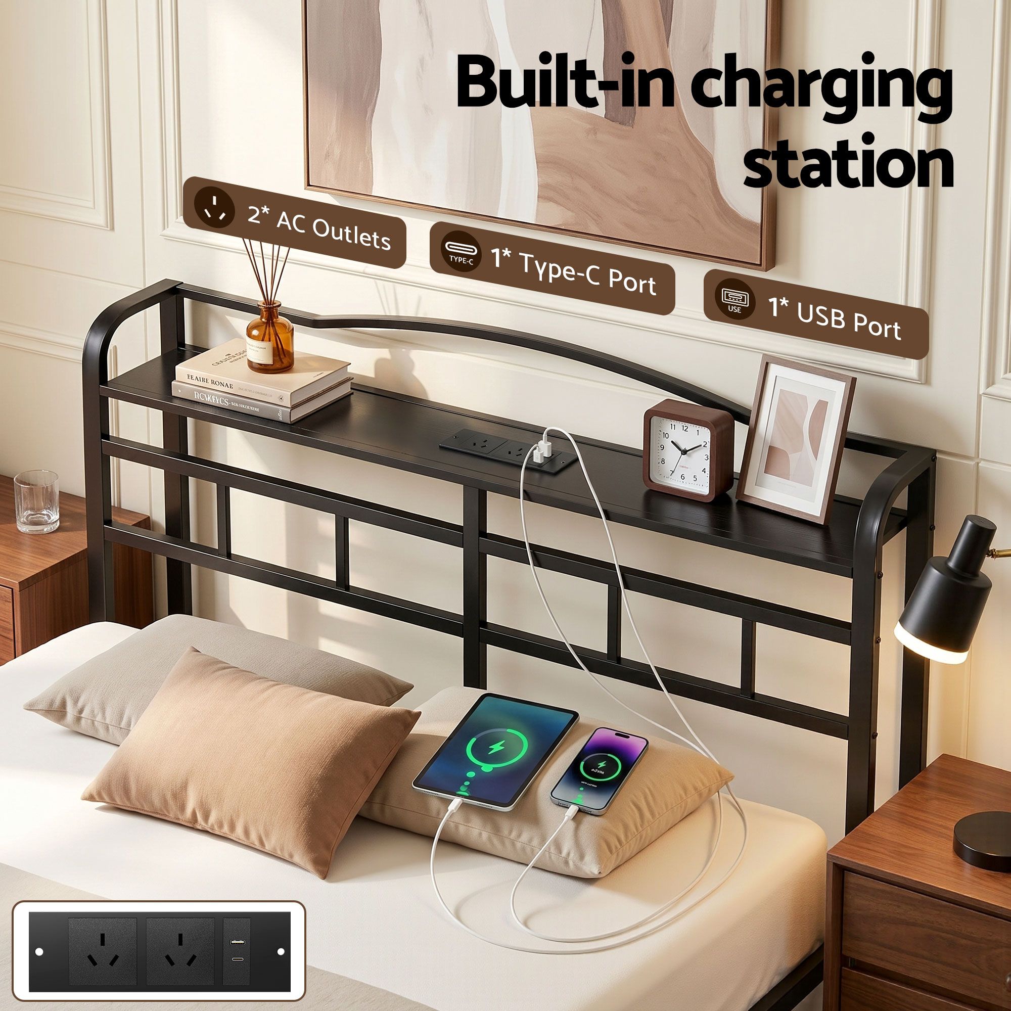 Artiss Bed Frame Queen Size with Charging Station WAVE