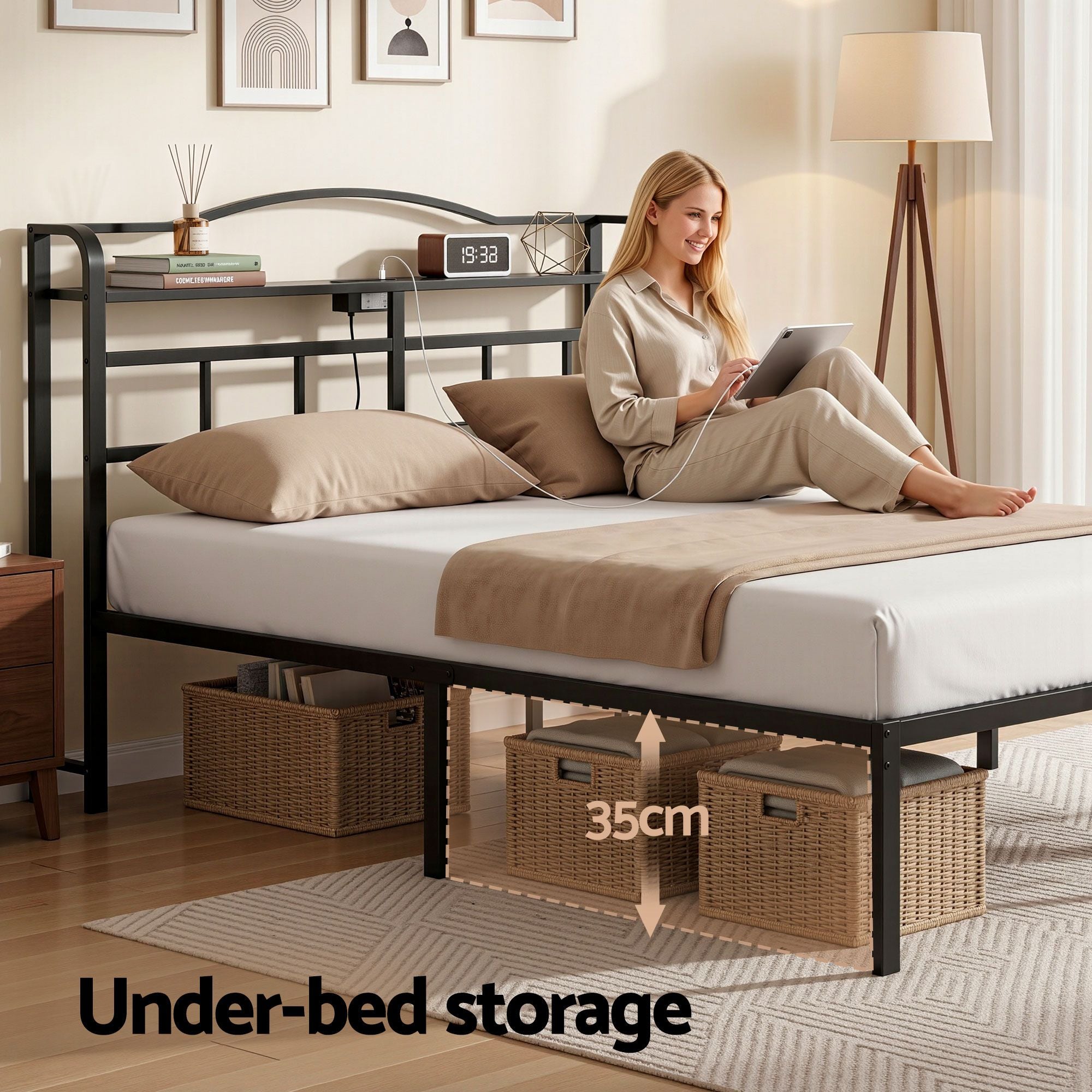 Artiss Bed Frame Queen Size with Charging Station WAVE