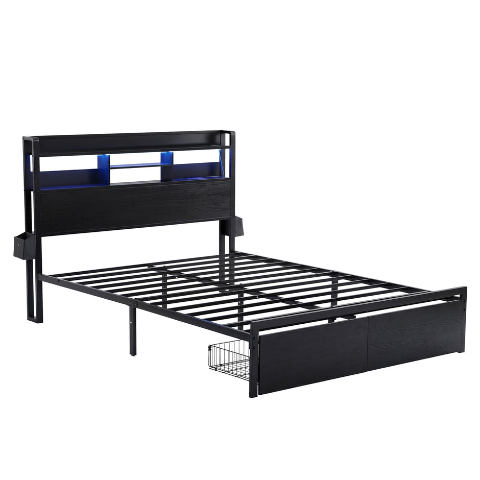 Artiss Bed Frame Double with Charging Station Storage Organizer Drawers LED ZAC