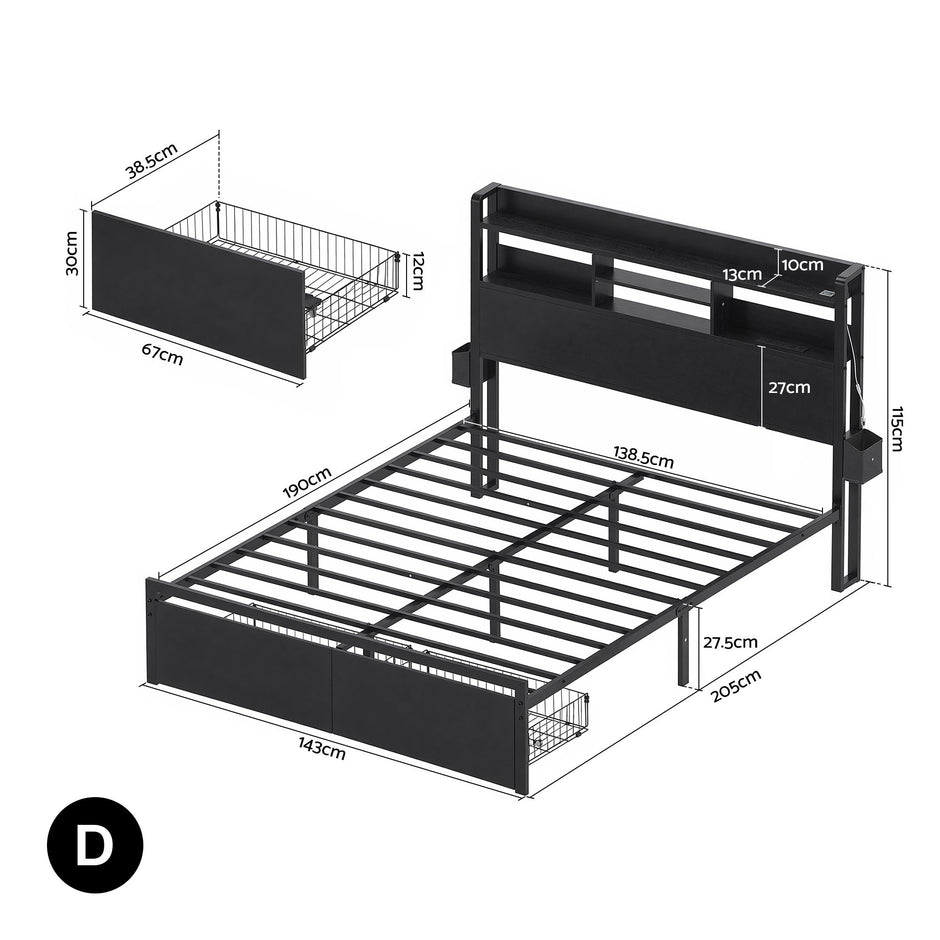 Artiss Bed Frame Double with Charging Station Storage Organizer Drawers LED ZAC