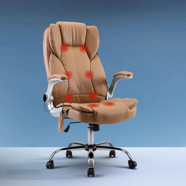 Artiss 8 Point Massage Office Chair PU Leather Brown