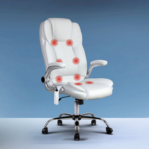 Artiss 8 Point Massage Office Chair PU Leather White