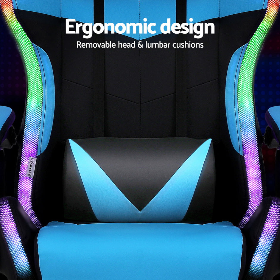 Artiss Gaming Office Chair 12 RGB LED Massage Computer Work Seat Footrest Cyan