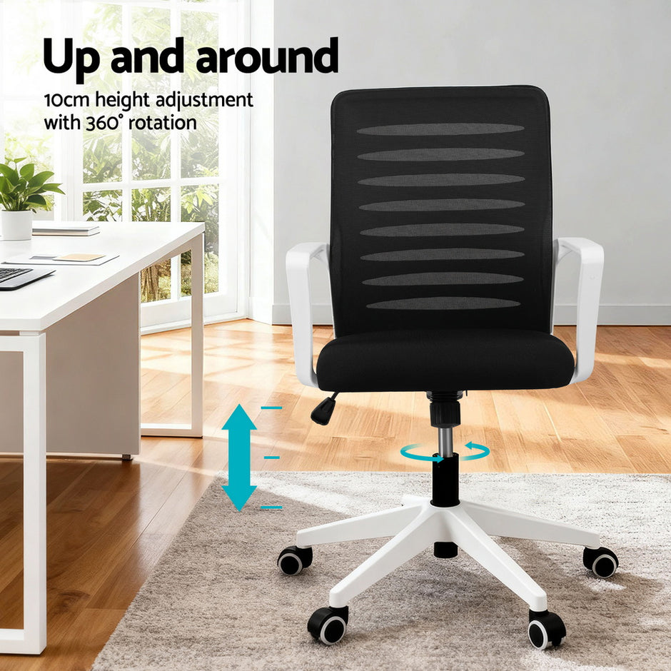 Artiss Ergonomic Office Chair Mesh Computer Desk Chairs with Lumbar Support, Height Adjustment Swivel Chair Mid Back for Home Office Study, Black and White