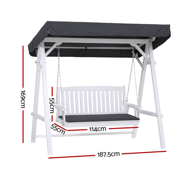 Gardeon Outdoor Wooden Swing Chair Garden Bench Canopy Cushion 3 Seater White