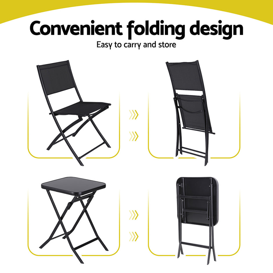 Gardeon Outdoor Bistro Set Folding Table and Chairs Patio Furniture Garden Steel Black