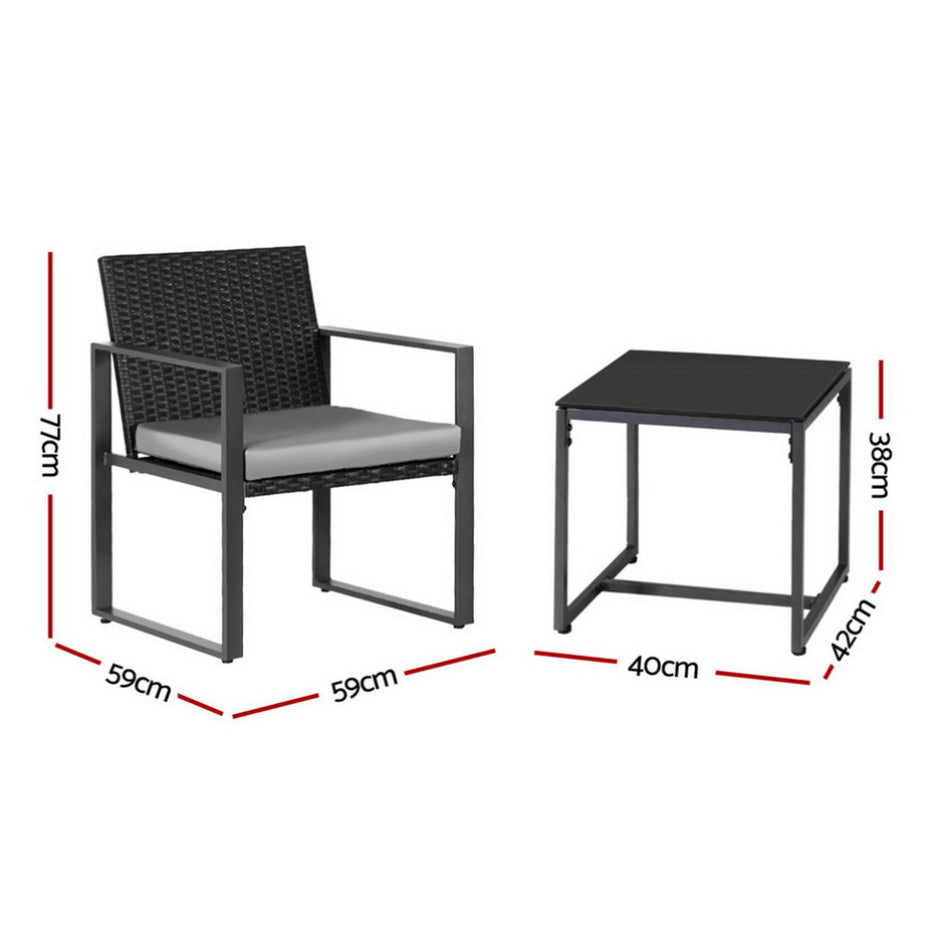 Gardeon 3PC Outdoor Bistro Set Patio Furniture Wicker Dining Chairs Table Cushion Black
