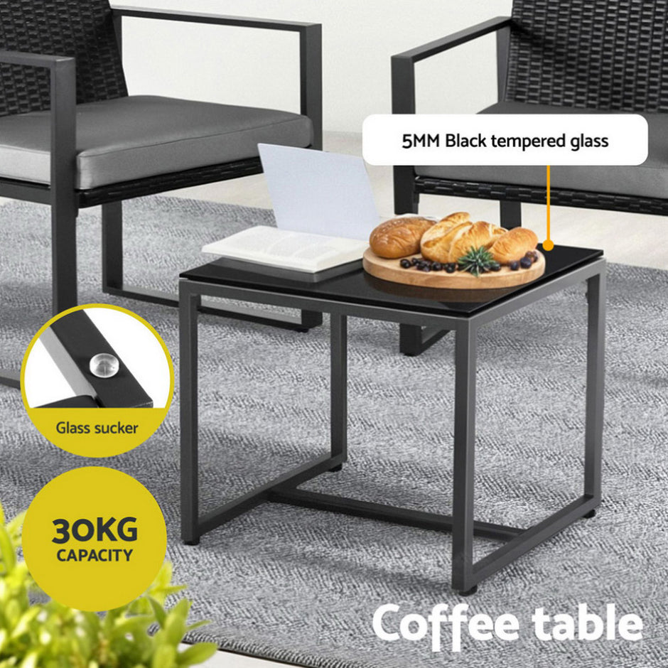 Gardeon 3PC Outdoor Bistro Set Patio Furniture Wicker Dining Chairs Table Cushion Black
