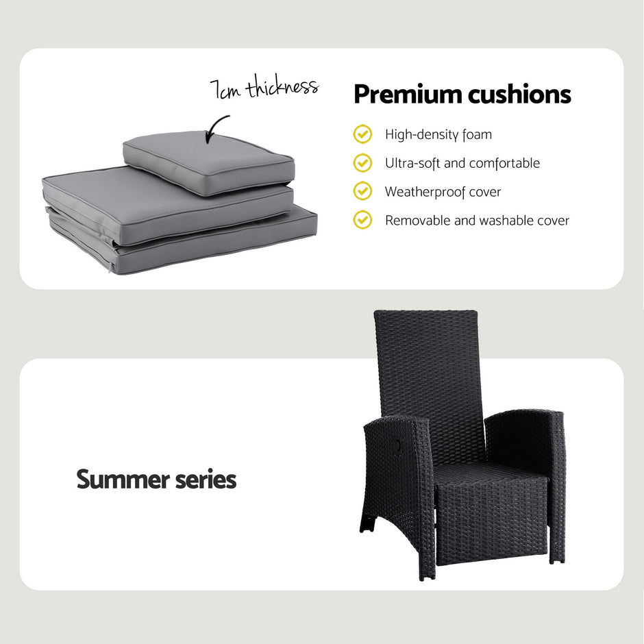 Gardeon Outdoor Recliner Chairs Sun lounge Wicker Lounger Patio Furniture Adjustable Black