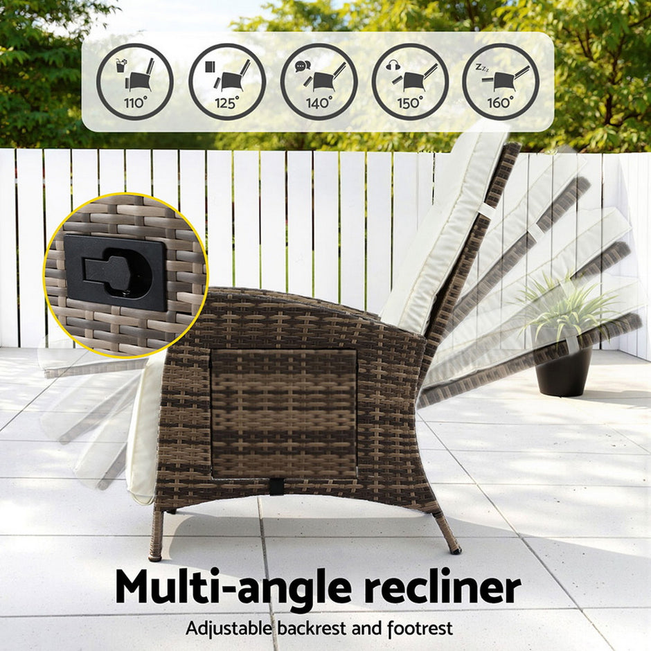 Gardeon Outdoor Recliner Chairs Sun lounge Wicker Lounger Patio Furniture Adjustable Brown