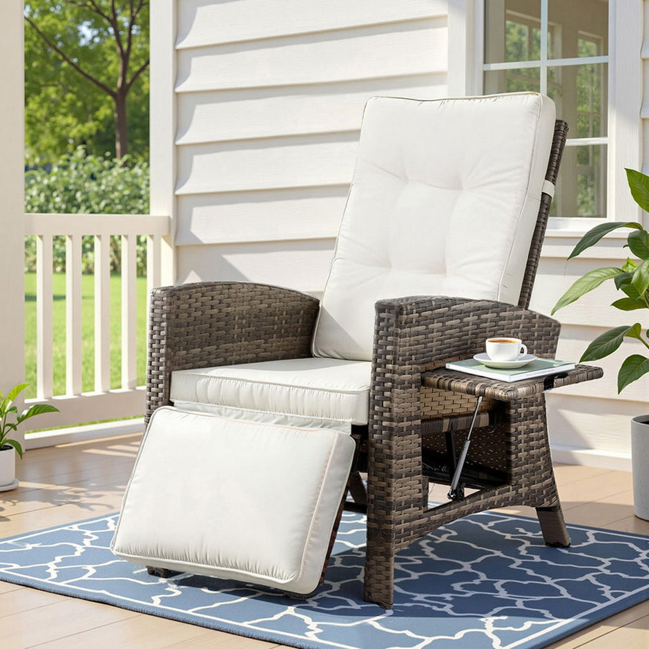 Gardeon Outdoor Recliner Chairs Sun lounge Wicker Lounger Patio Furniture Adjustable Brown