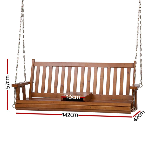 Gardeon Porch Outdoor Swing Chair Patio Furniture Wooden Bench 2 Seat Cup Holder