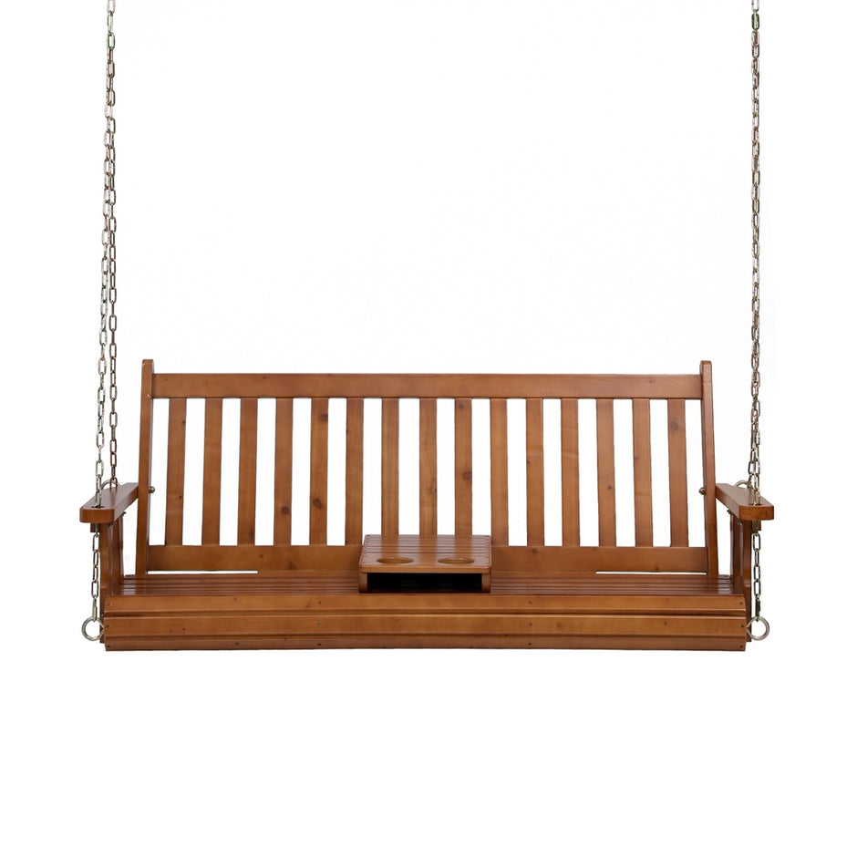 Gardeon Porch Outdoor Swing Chair Patio Furniture Wooden Bench 2 Seat Cup Holder