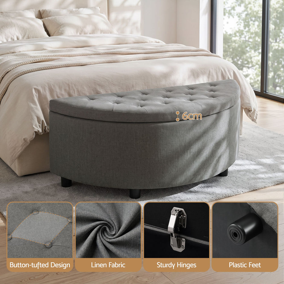 Artiss Storage Ottoman Bench Linen Fabric Tufted Half Round Footstool Grey