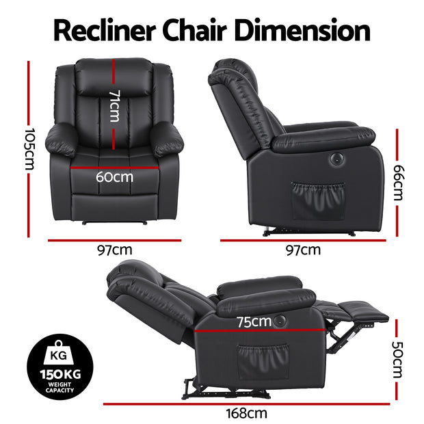 Artiss Manual Massage Recliner Chair for Living Room, Leather Sofa Lounge Reclining Chair with 2 USB Port, 160° Recline Reading Chair with 20CM Wide Armrests, 8 Point Vibration & Lumbar Heat, Black