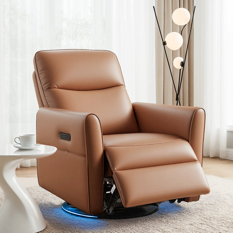 Artiss Swivel Recliner Chair Leather Rocking Reclining Sofa with Charging Ports LED Brown