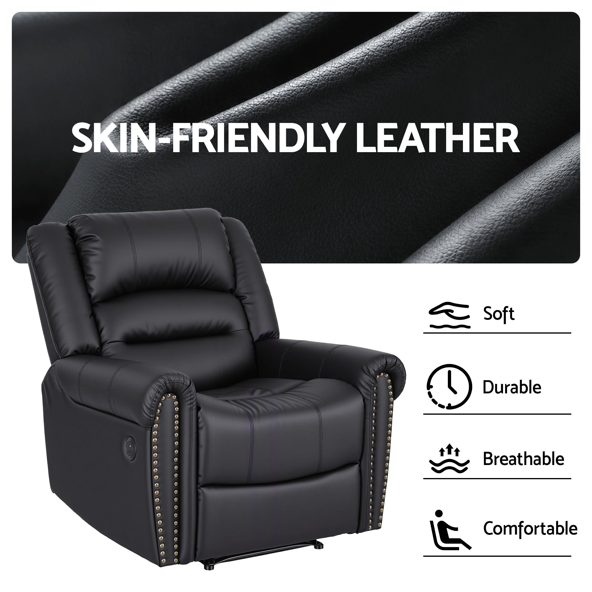 Artiss Leather Manual Recliner Chair with USB Charge Port, Overstuffed Armchair Sofa for Living Room and Nursery, Asjustable Theater Reclining Lounge with Comfortable Wide Seat, 150kg Capacity, Black