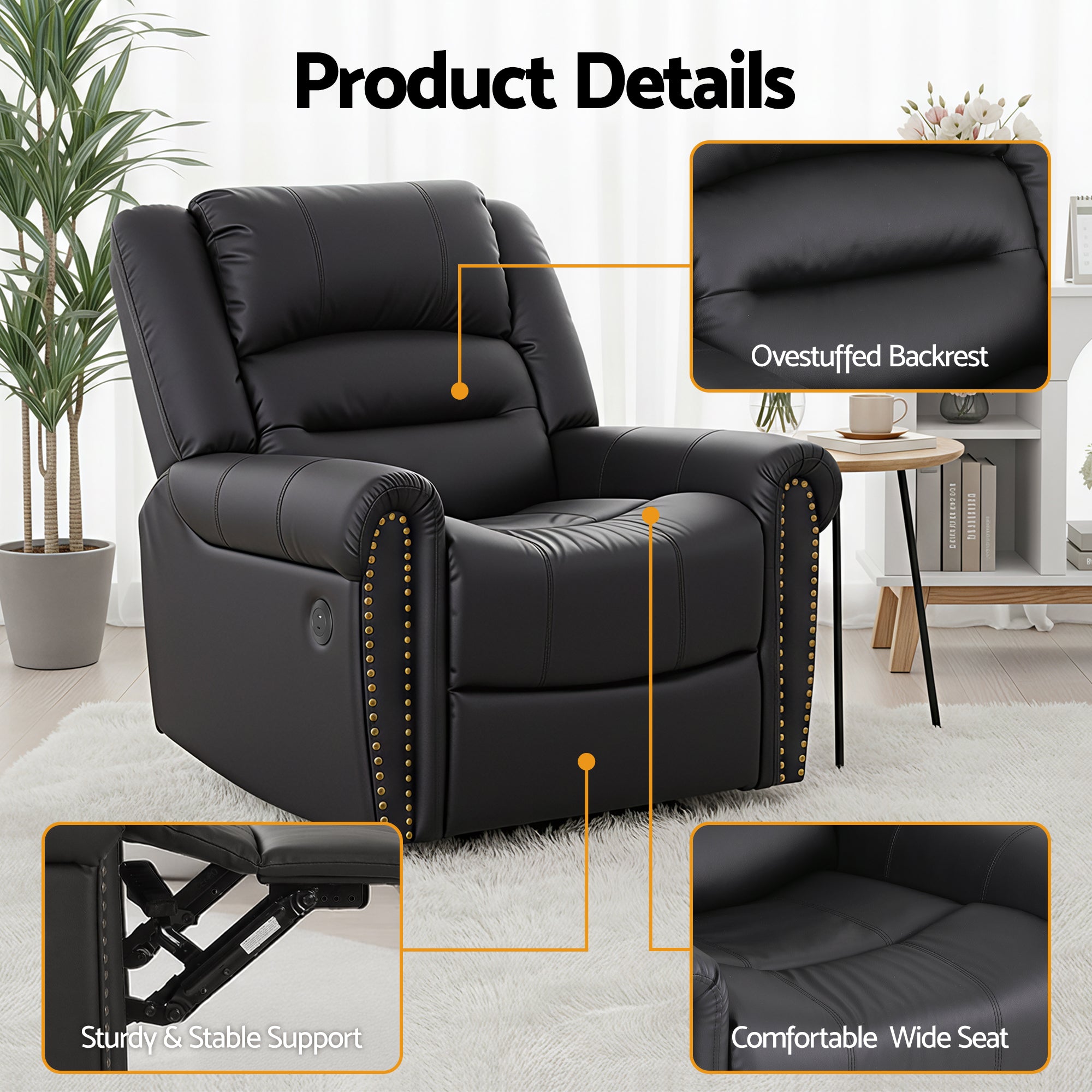 Artiss Leather Manual Recliner Chair with USB Charge Port, Overstuffed Armchair Sofa for Living Room and Nursery, Asjustable Theater Reclining Lounge with Comfortable Wide Seat, 150kg Capacity, Black