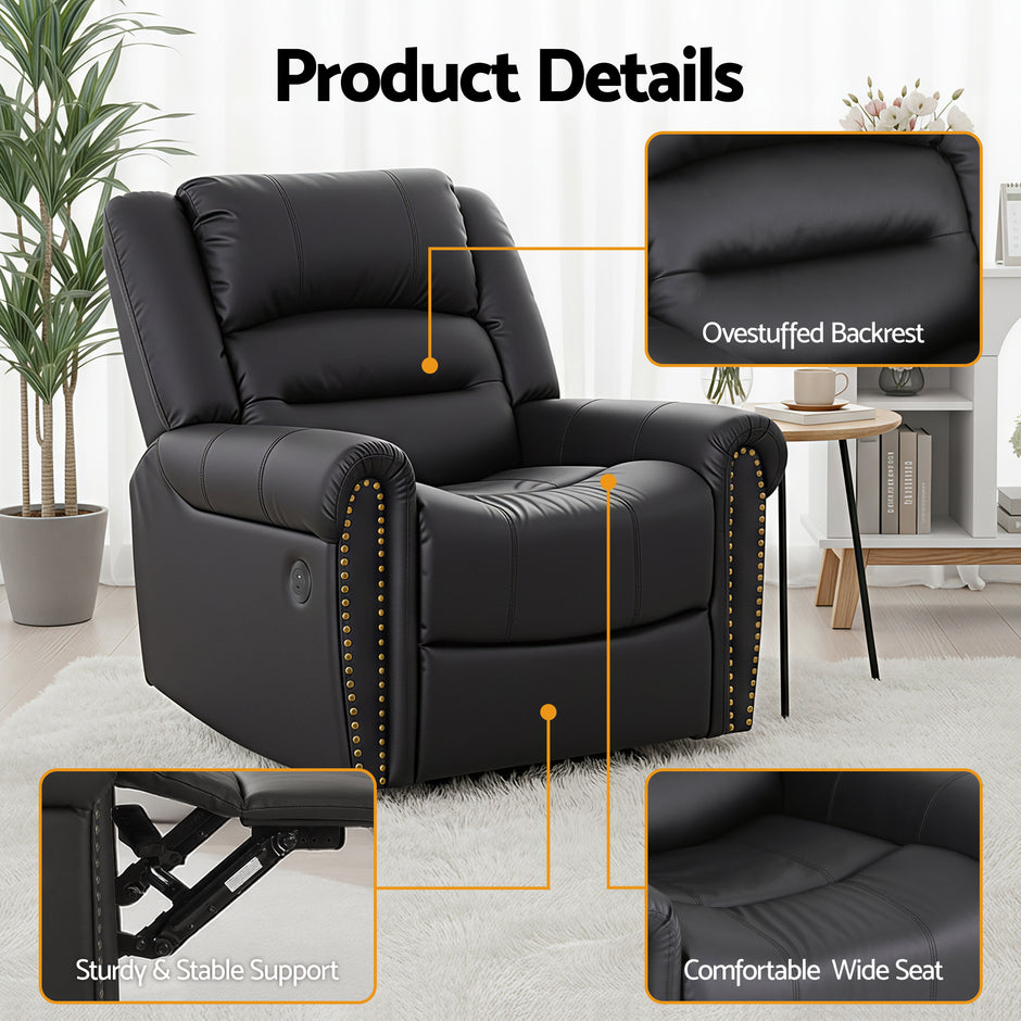 Artiss Leather Manual Recliner Chair with USB Charge Port, Overstuffed Armchair Sofa for Living Room and Nursery, Asjustable Theater Reclining Lounge with Comfortable Wide Seat, 150kg Capacity, Black