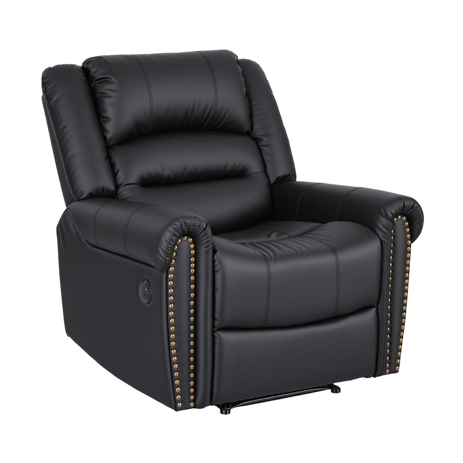 Artiss Leather Manual Recliner Chair with USB Charge Port, Overstuffed Armchair Sofa for Living Room and Nursery, Asjustable Theater Reclining Lounge with Comfortable Wide Seat, 150kg Capacity, Black