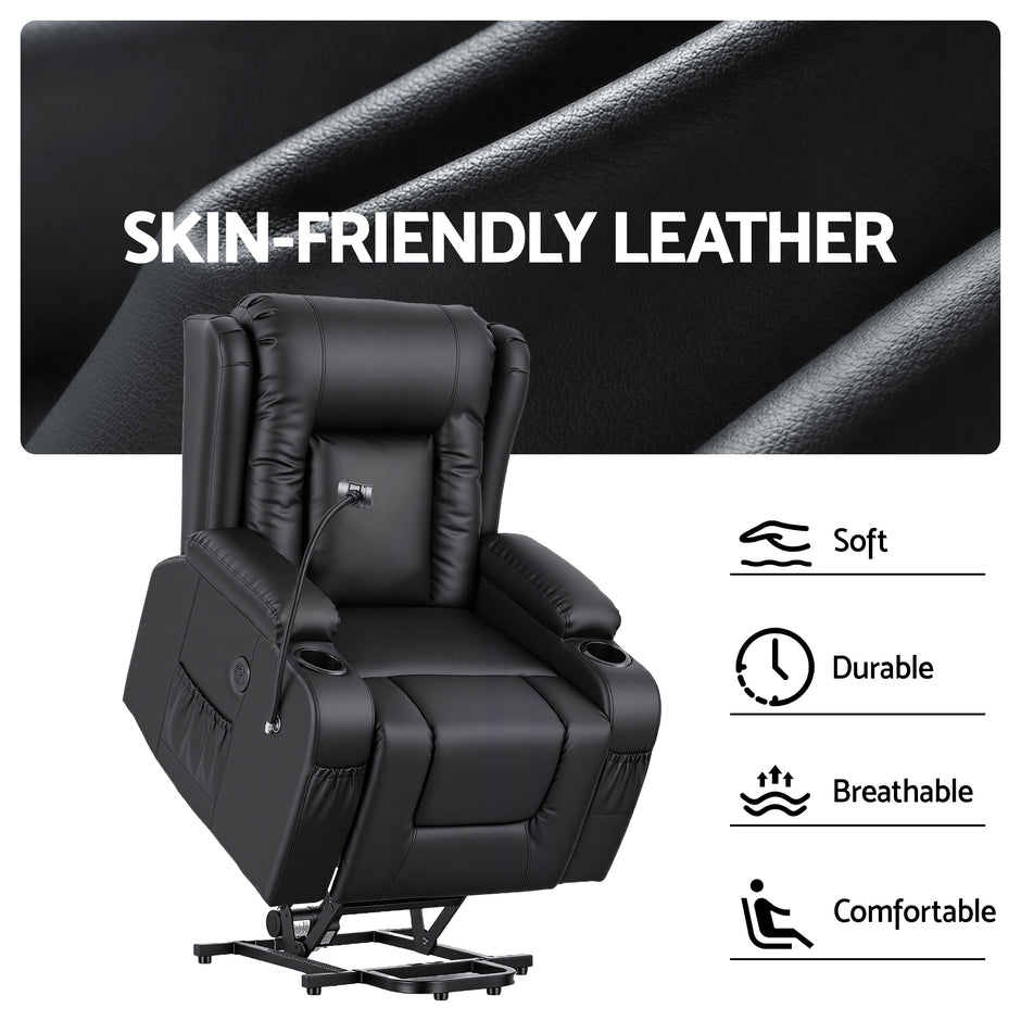 Artiss Power Lift Recliner Chair with Massage and Heat for Elderly, Electric Sofa Reclining Chair with USB and Phone Holder, PU Leather Comfy Armchair for Living Room, 2 Cup Holder & 4 Pockets, Black