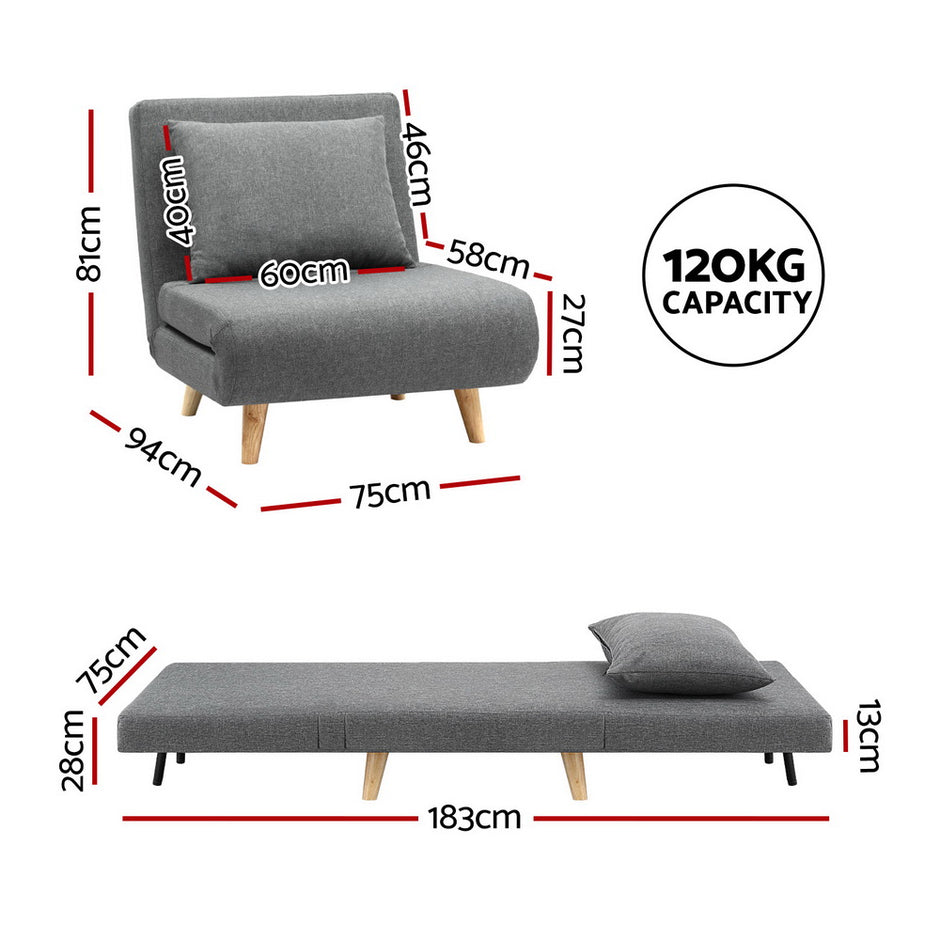 Artiss Sofa Bed Convertible Couch Recliner Lounge Chair Linen Grey