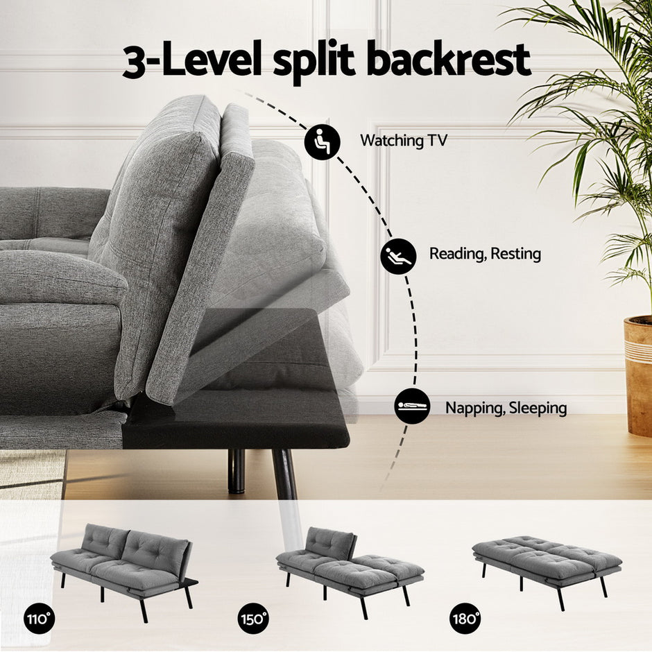 Artiss Sofa Bed Convertible 3 Seater Couch Recliner Lounge Chair Fabric Grey