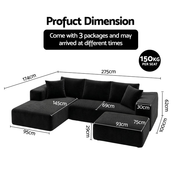 Artiss Modular Sofa Bed with Ottoman Sectional Boneless Couches for Living Room Corduroy Compressed Sofa Black