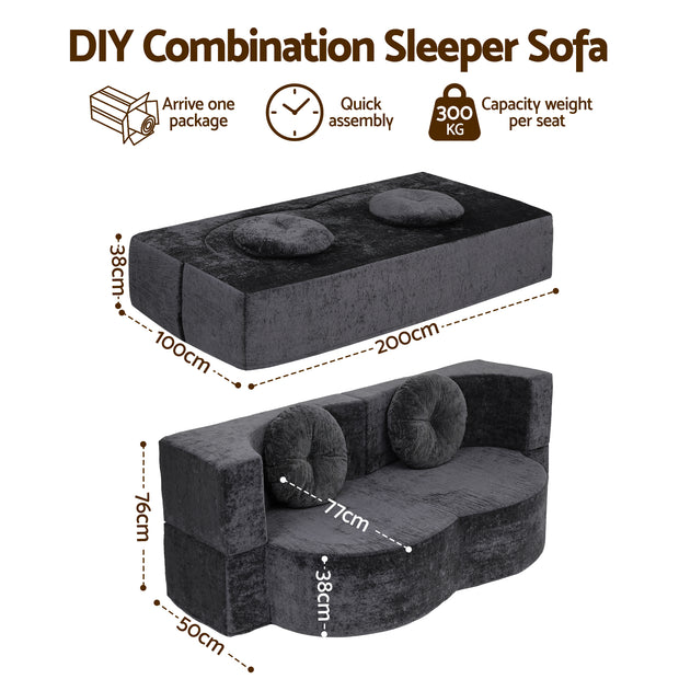 Artiss 2 in 1 Convertible Compressed Sofa Bed, Folding Boneless Sofabed for Living Room ,Comfort Curved Sleeper Couch with High Density Sponge, Apartment Essentials, No Assembly, 2 Pillows, Grey