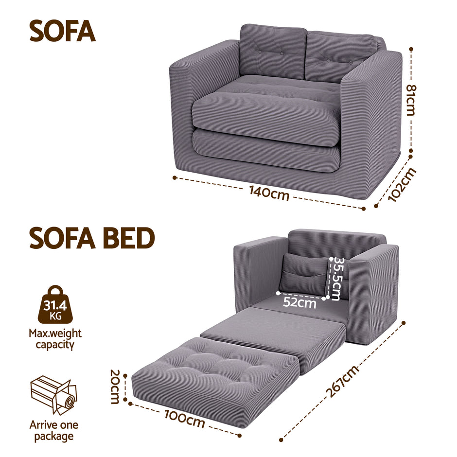 Artiss 2 Seater Corduroy Convertible Sofa Bed Pull Out Boneless Couch Grey
