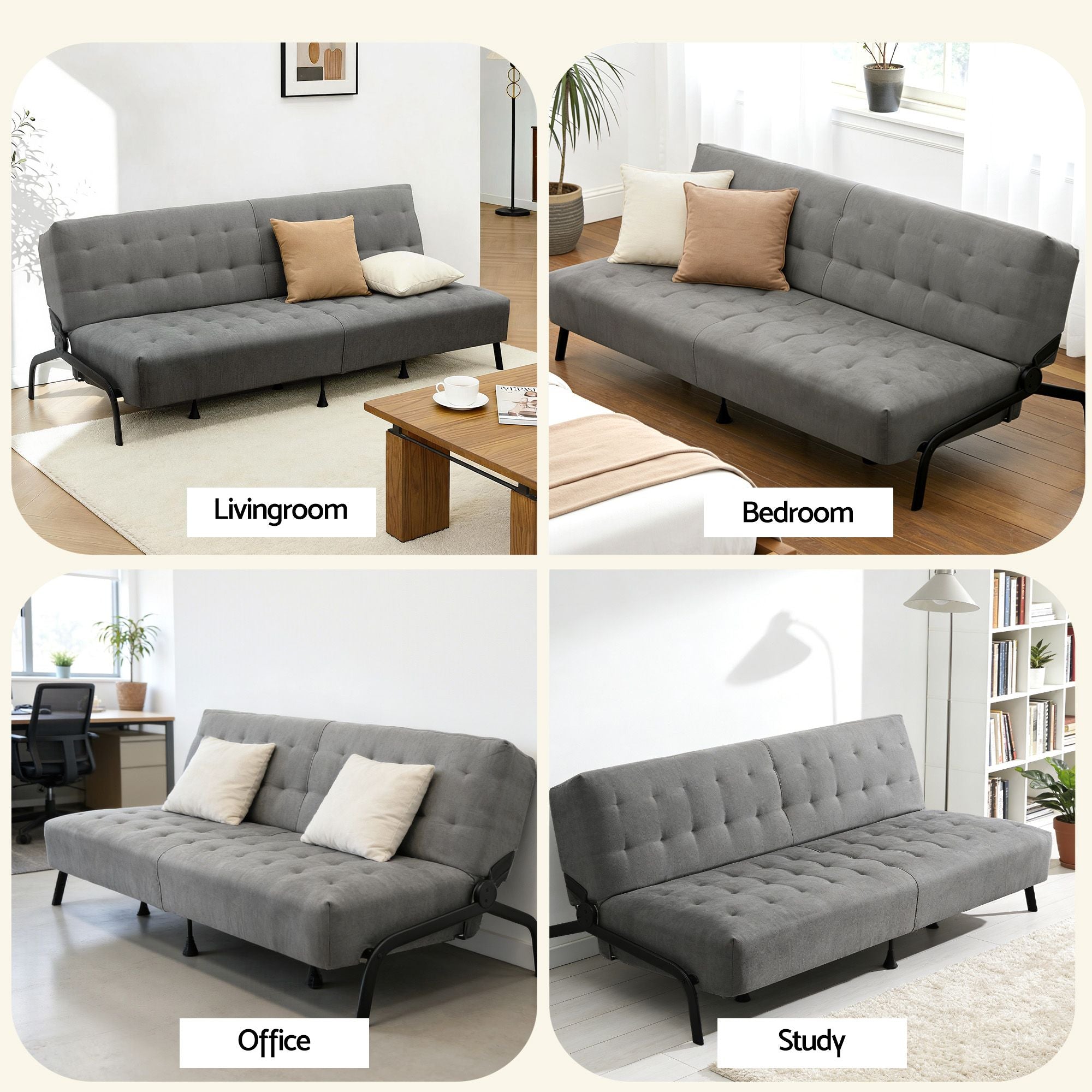 Artiss Sofa Bed, 1.9m 3-Seater Soft Innerspring Adjustable Couch Futon Chair for Apartment Dorm Living Room Office Study Bedroom, Grey
