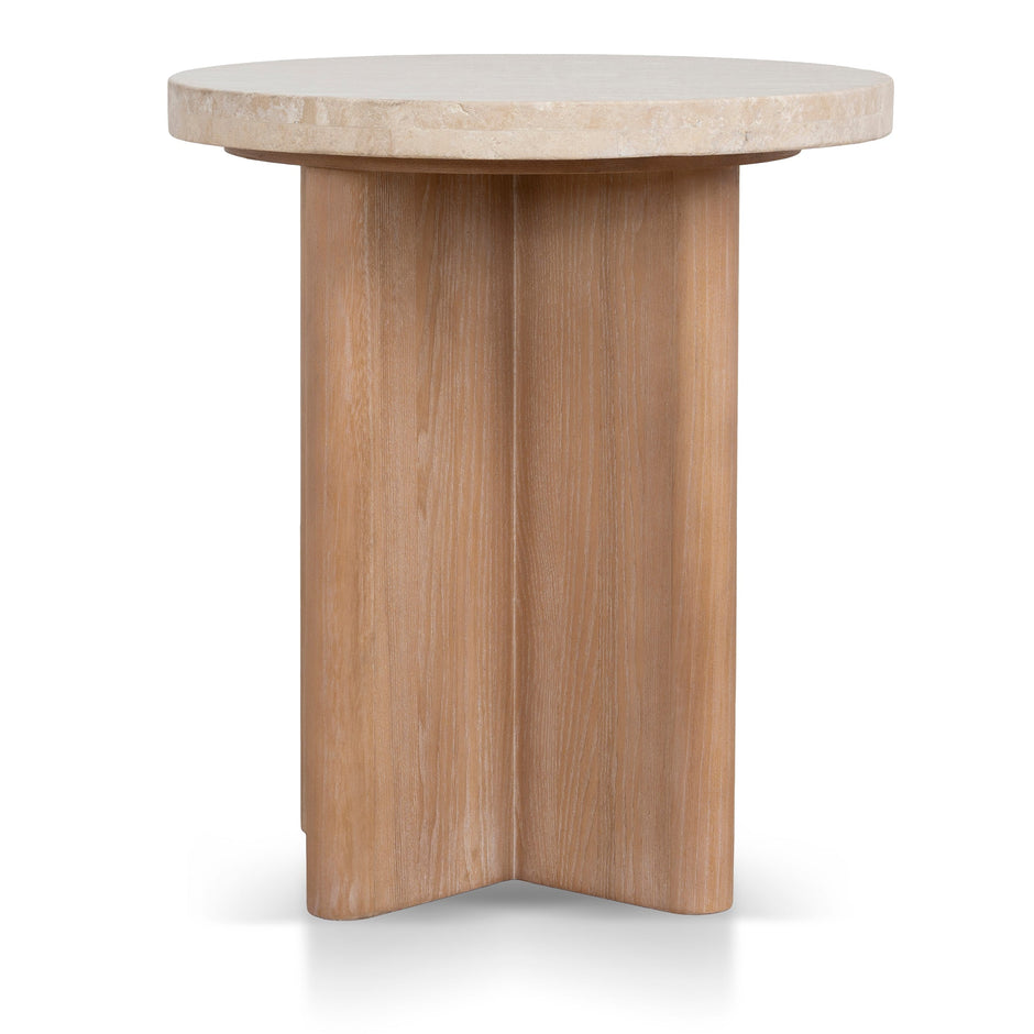 CST8665-NI Travertine Marble Round Side Table - Light Natural Elm