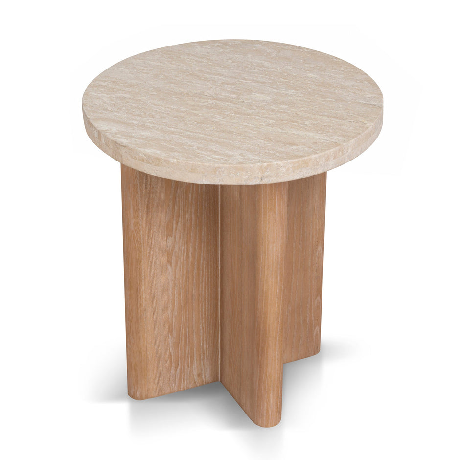 CST8665-NI Travertine Marble Round Side Table - Light Natural Elm